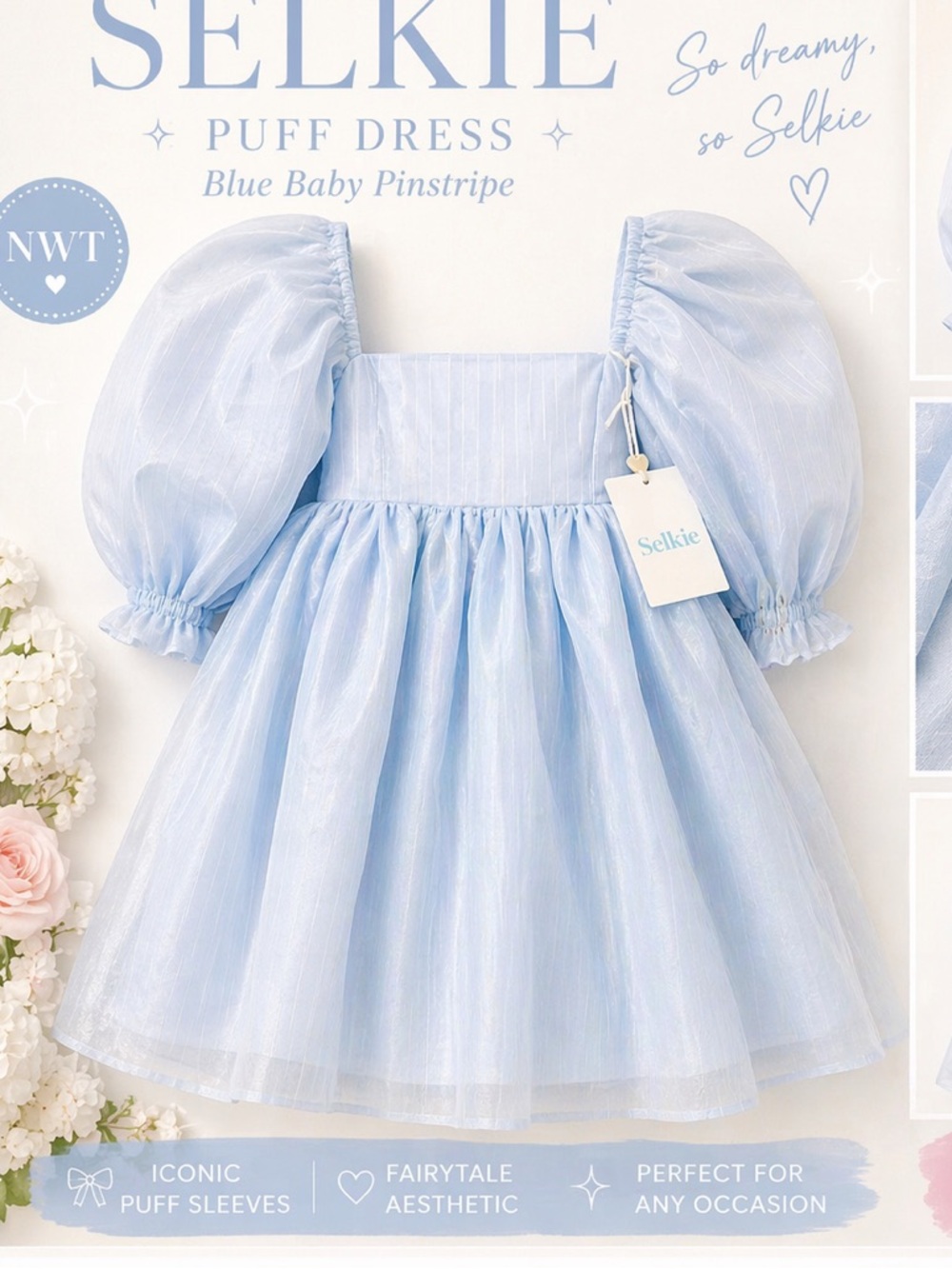 Selkie Puff Dress Blue Baby Pinstripe NWT Princess Cottagecore Mini